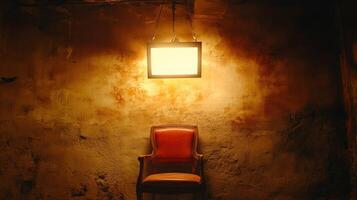 Red Chair in Dark Room with Glowing Lightbox photo