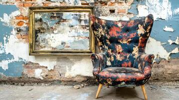 Vintage Chair and Frame Against Rustic Brick Wall photo