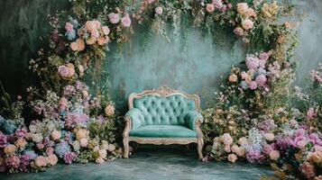 Floral Backdrop with Antique Sofa Romantic Photo Setting