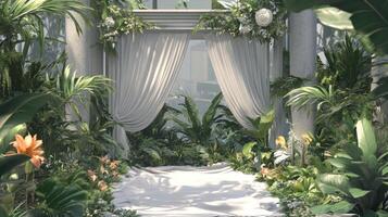 Serene Tropical Wedding Ceremony Setup with White Curtains photo