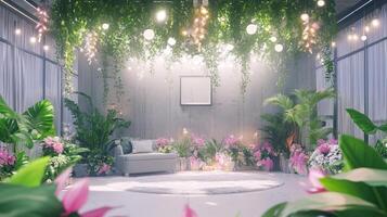 Serene Indoor Garden Room with Hanging Lights and Flowers photo