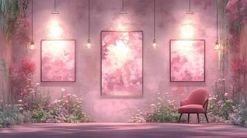 Pink Floral Room Setting with Artwork and Chair photo