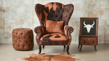 Cowhide Wingback Chair Living Room Set Rustic Decor photo