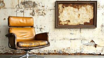Vintage Leather Chair and Rustic Metal Artwork in Industrial Setting photo