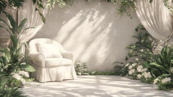 Serene White Chair in Lush Garden Setting photo