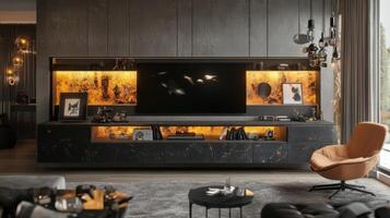 Modern Black Marble Tv Stand with Warm Lighting photo