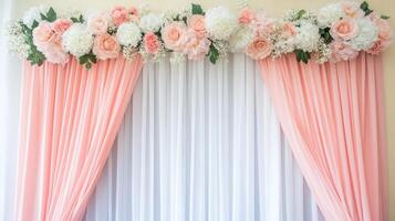 Elegant Peach and White Wedding Backdrop with Floral Decor photo