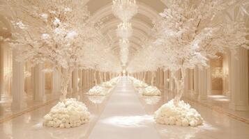 Elegant White Wedding Aisle with Flower Trees photo
