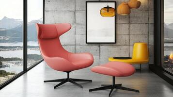 Modern Coral Leather Lounge Chair and Ottoman Set photo