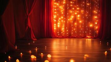 Warm Red Curtains with Fairy Lights Festive Background photo