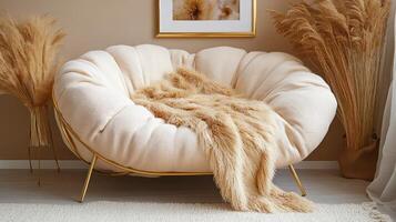 Luxurious Cream Sofa with Gold Legs and Fluffy Throw photo