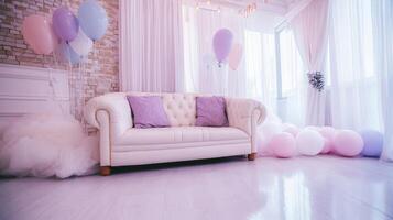 Elegant White Sofa with Pastel Balloons Party Decor photo