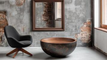 Stunning Large Wooden Bowl Coffee Table in Industrial Loft Setting photo