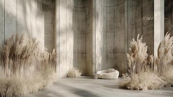 Modern Minimalist Concrete Room with Pampas Grass and Sofa photo