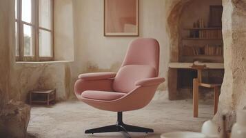 Relaxing Pink Swivel Armchair in Rustic Interior photo