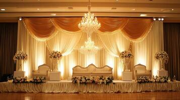Elegant Wedding Stage Decor with Drapes and Chandeliers photo