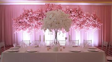 Elegant Pink Wedding Reception Decor with Orchid Tree photo