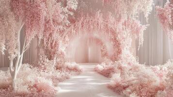 Dreamy Pink Flower Wedding Arch Pathway photo