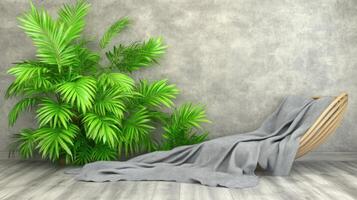 Serene Grey Throw on Wooden Chair with Lush Greenery photo