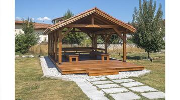 Wooden Gazebo with Deck and Stone Path Outdoor Structure photo