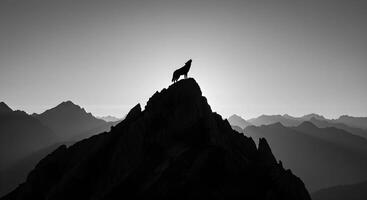 Howling wolf on a mountain ridge, set against a twilight sky, creating a striking and mysterious wildlife composition. photo