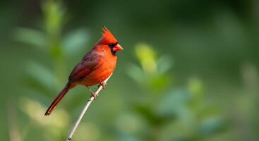 Wildlife shot of a red cardinal resting on a branch, surrounded by a smooth, green-blurred background. photo