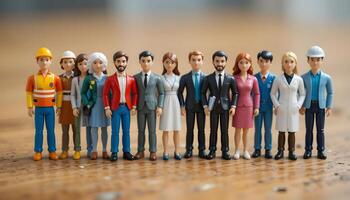 Diverse wooden character set displaying career paths in an engaging visual format. photo