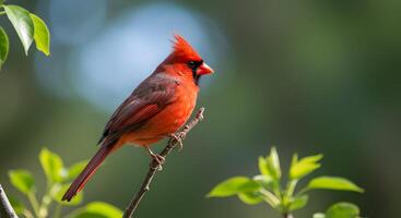 Close-up of a striking red cardinal resting on a delicate branch, surrounded by natural bokeh. photo