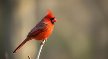 Elegant red cardinal bird perched in a tree, with warm sunlight filtering through a blurred background. photo