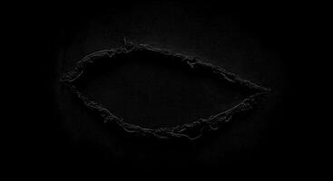 Dark textile with a dramatic rip in the center, showcasing a rugged and distressed texture. Fabric rips texture. photo