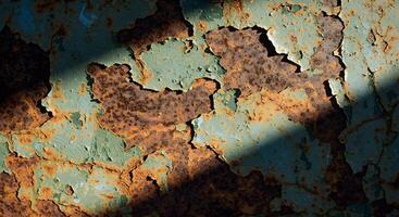 Scratched and weathered steel texture with partially removed paint, giving it a rugged and aged appearance. Withered steel texture. photo