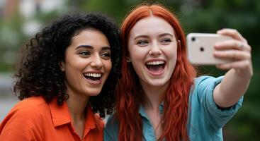 Cheerful duo of different backgrounds posing for a lighthearted selfie, showing fun and inclusivity. photo