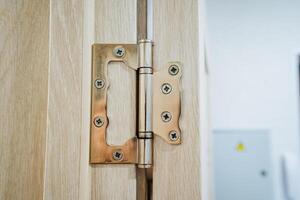 This is a detailed closeup view of a door hinge that is part of a beautifully crafted wooden door, showcasing its intricate design and functionality in a household setting photo
