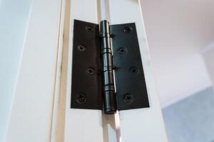 Here is a detailed closeup view of a black door hinge that is mounted on a white colored door, showcasing the contrast and functionality of this piece of household hardware photo