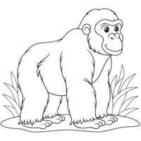 A cheerful, cartoon-style outline of a gorilla stands in a simple grassy setting. vector