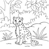 Adorable cheetah coloring page in a jungle setting. vector