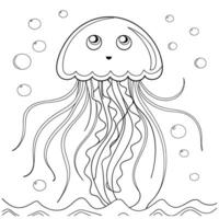 A whimsical, black and white illustration of a jellyfish with large, expressive eyes and a friendly smile. vector