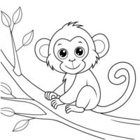 A charming black and white illustration of a small, friendly monkey sitting on a tree branch. vector