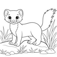 A charming black and white illustration of a small weasel standing on a rock surrounded by grass. vector