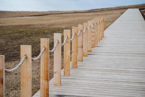 A rustic wooden walkway with a rope fence guides visitors through a serene field filled with lush greenery and vibrant blooms, creating a picturesque and delightful scene photo