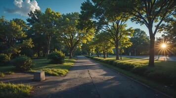 Peaceful Tree-Lined Pathway at Sunset in Vibrant Park Setting photo