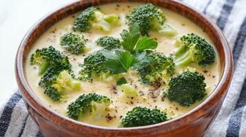 Broccoli soup in ceramic bowl. Creamy broccoli soup in a rustic bowl garnished with herbs. photo