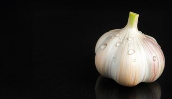 Fresh garlic with water droplets concept. Garlic bulb with water droplets on a dark background. photo