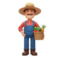 Happy Farmer Holding Basket of Vegetables 3D Render png