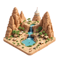 A desert landscape with a waterfall and palm trees png