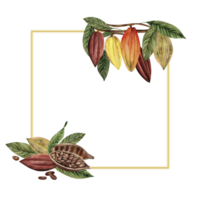 A square yellow frame decorated with a branch with fruits and leaves of a cocoa tree, whole, cut beans with grains inside. The watercolor illustration is hand-drawn in a botanical style. For packaging png