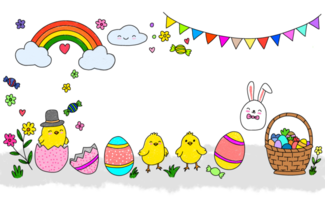 Easter bunny, chick, and eggs in a field png