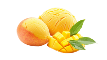 Mango sorbet ice cream scoop with realistic melting texture isolated on transparent background png