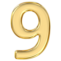 Golden Number 9, pristine, glossy golden number nine radiates wisdom and compassion, exuding graceful completion and elegance in stunning, 3d rendering png