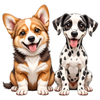 Corgi and Dalmatian Puppies Sitting Side by Side on Transparent Background png